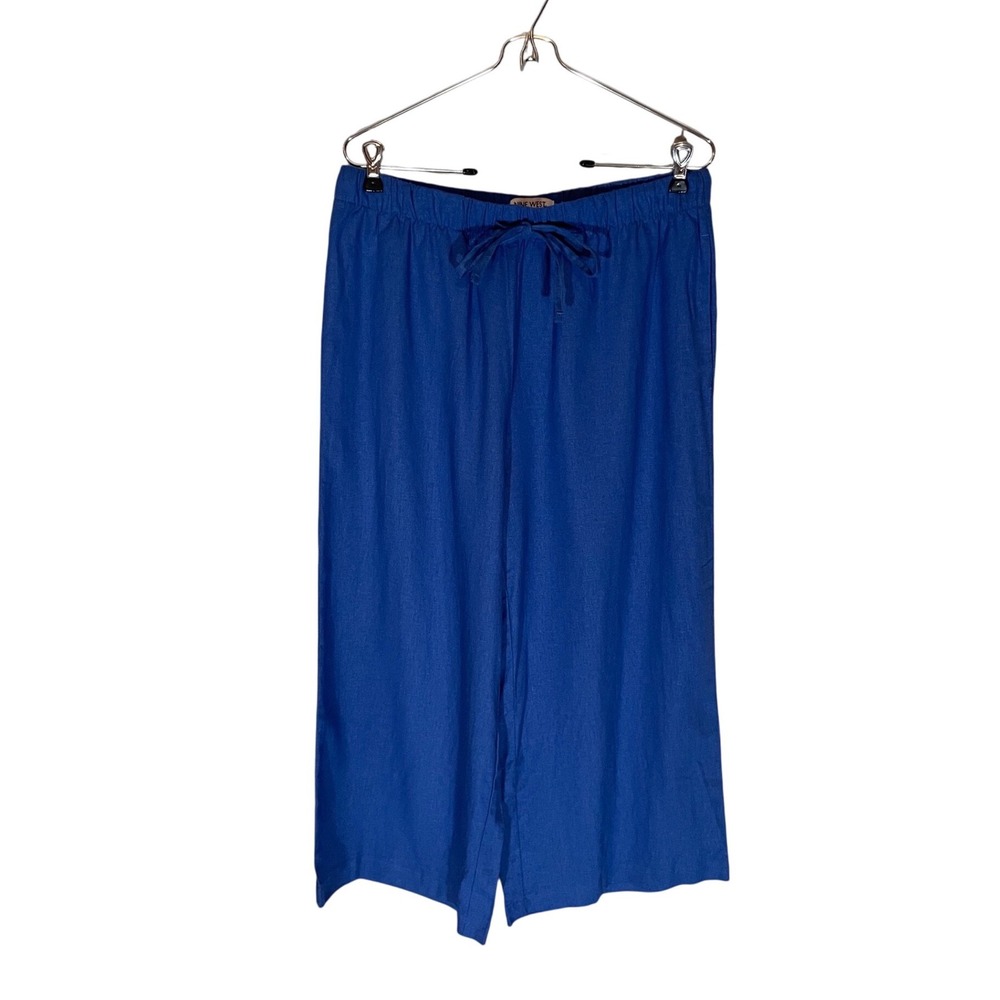 Royal Blue Linen Blend‎ Wide Leg Crop Pants Petite Large PL Lagenlook Coastal